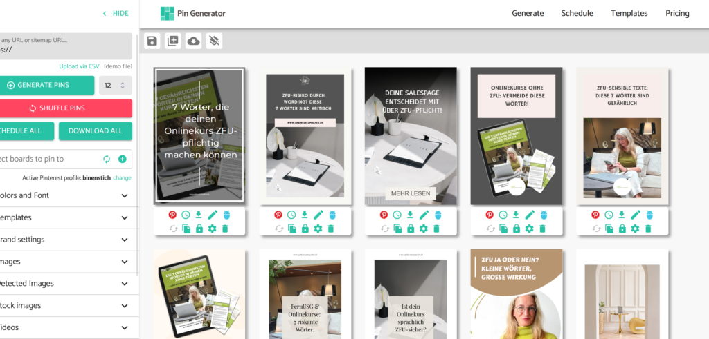 Dashboard von Pin Generator zeigt automatische Pin-Erstellung aus einer URL.