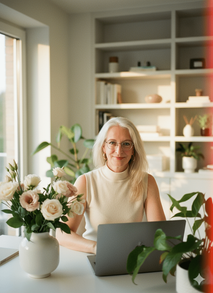 Sabine im Arbeitszimmer Prompt KI-Giraffe KI-Tipps für Personal Branding Copywriting und Marketing für Coaches und Dienstleisterinnen, KI Giraffe